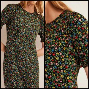 Boden Short Sleeve Midi Dress Black, Petal Foliage